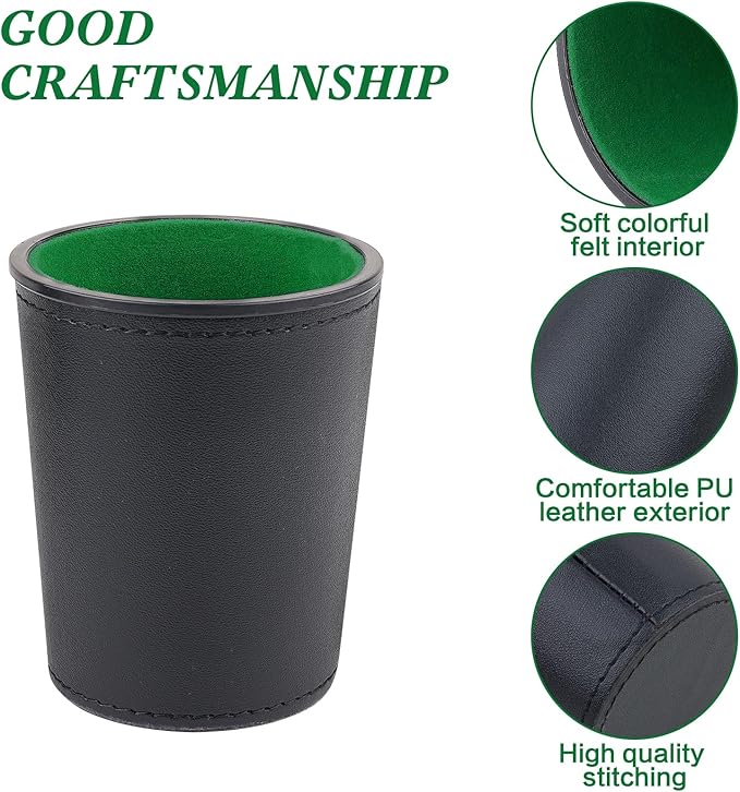 Felt-Lined PU Leather Dice Cup Set, 6 Quiet Dice Shaker Cups with 36 Dices for Bar Party Yahtzee Farkle Dice Games, Black and Green