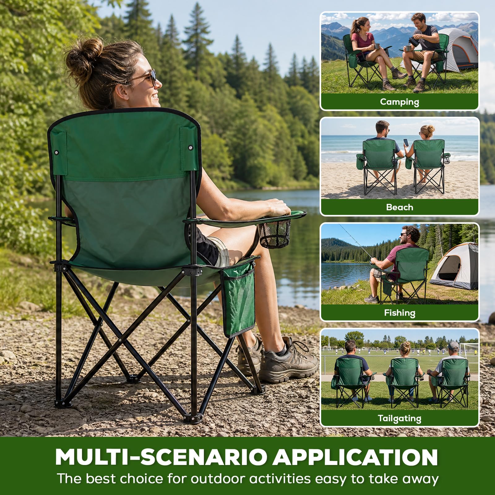 Kamglide 2-Pack Heavy Duty Camping Chairs, 400 LBS Capacity Folding Outdoor Chair with Cooler Bag &