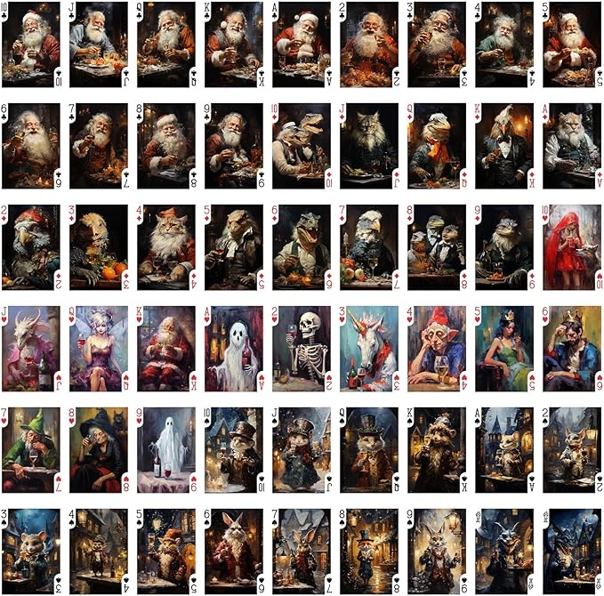 MAD Christmas Party Playing Cards (Poker Deck 54 Cards All Different) Santa and Reptiloid and Cats and Hamster Drink Wine of Christmas Vintage Illustration
