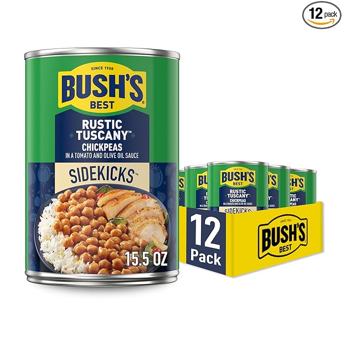 BUSH'S BEST 15.5 oz Canned Rustic Tuscany Chickpeas, Source of Plant Based Protein and Fiber, Low Fat, Gluten Free, (Pack of 12)