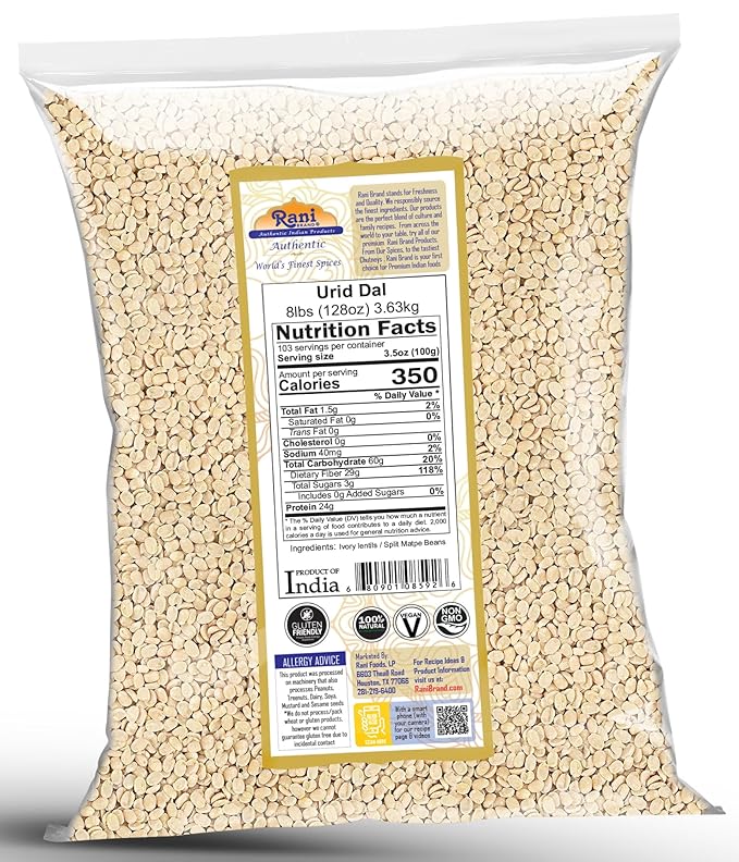 Rani Urid/Urad Dal (Split Matpe Beans Skinless) Indian Lentils 128oz (8lbs) 3.63kg Bulk ~ All Natural | Gluten Friendly | Non-GMO | Kosher | Vegan | Indian Origin