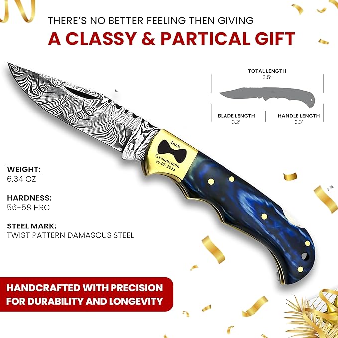 Retirement Gifts for Men - Personalized Damascus pocket knife with sheath - Custom Engraved 2025 Retirement Gifts for Him, Dad, Husband, Boss, Coworker - Best Mens Retirement Gift Ideas
