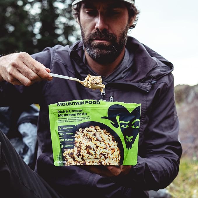 BIGHORN Mountain Food Vegetarian Creamy Mushroom Pasta - contains 4 packs | 8 servings | 128g Protein | 2,600 Calories - premium freeze dried meals for backpacking food - vegetarian backpacking meal - ideal camping meals just add water - great taste