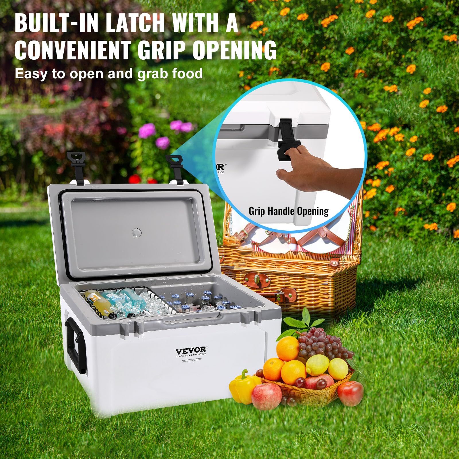VEVOR Ultra-Light Hard Cooler 52 QT, Ice Retention Cooler with Heavy Duty Handle, Ice Chest Lunch