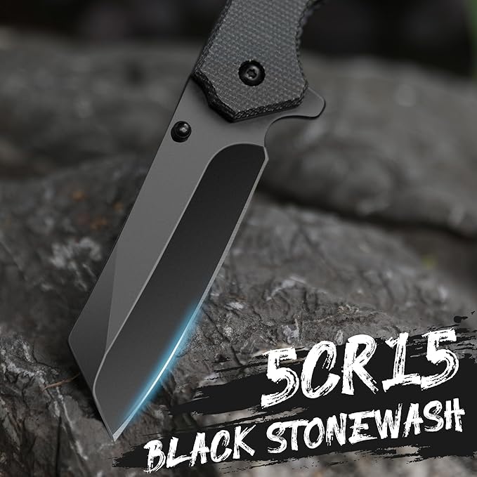 FLISSA Pocket Knife, 3.5" Folding Stonewash Blade Tactical Knife, Micarta Handle, for Outdoor, Survival, Hunting and Camping, Great Gifts for Dad