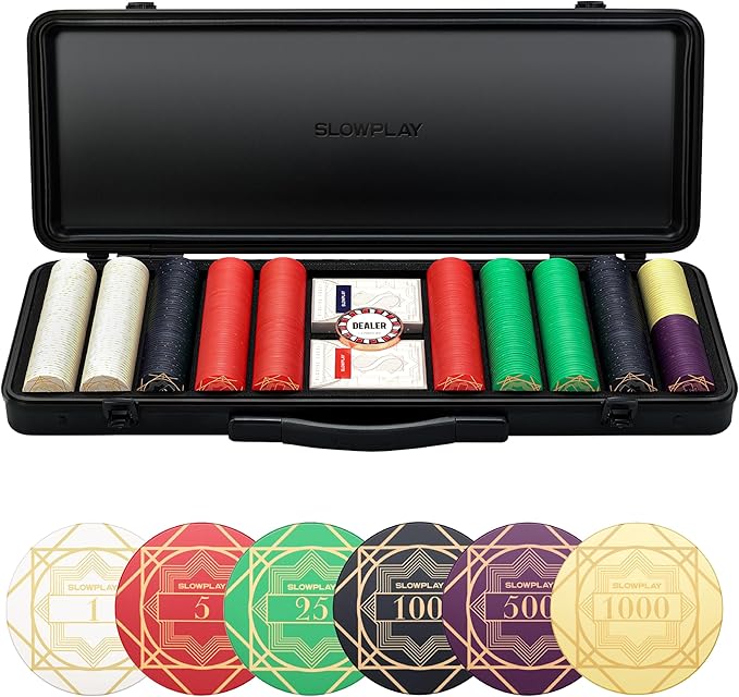 SLOWPLAY Nash Ceramic Poker Chips Set for Texas Hold'em, 500 PCS [with Numbered Values], 39mm & 10g Each | Features a High-end Chip case with Extra Durable German Polycarbonate Shell