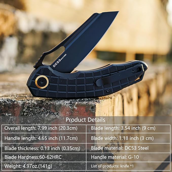 Folding Pocket Knife, 3.54" DC53 Steel Blade,4.65" G10 Handle, Liner Lock, Reversible Pocket Clip for Everyday Carry, Outdoor Activities. (Black PVD blade)