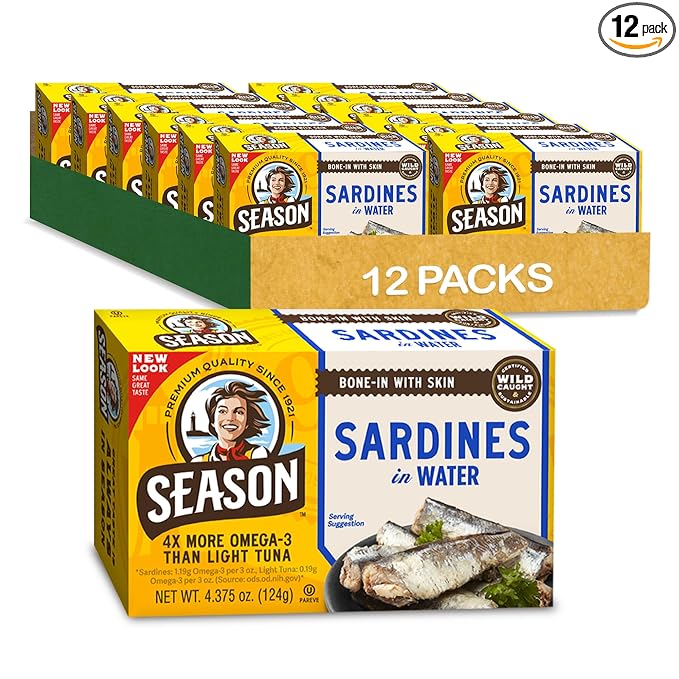 Season Sardines in Water - Wild Caught Fish, 22g of Protein, Keto Snacks, More Omega 3's Than Tuna, High in Calcium, Canned Sardines - 4.37 Oz Tins, 12-Pack