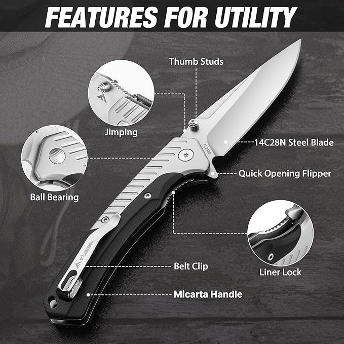 FLISSA Pocket Knife with 3.35" 14C28N Steel Blade, Liner Lock Folding Knife with Micarta Handle for EDC, Camping, Hiking, Outdoor Activities, Gift for Men and Women