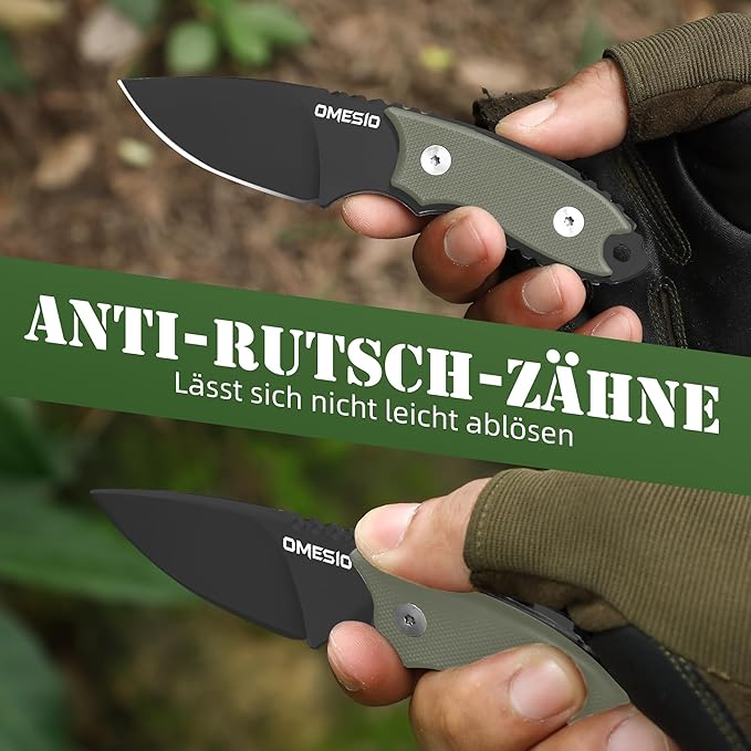 Omesio Neck Knife with Sheath and Necklace, 5.43" Small Fixed Blade Knife, Full Tang with Clip, D2 Steel 2.17-Inch Blade, G10 Handle for Outdoor, Camping, EDC (Black Blade + Green Handle)