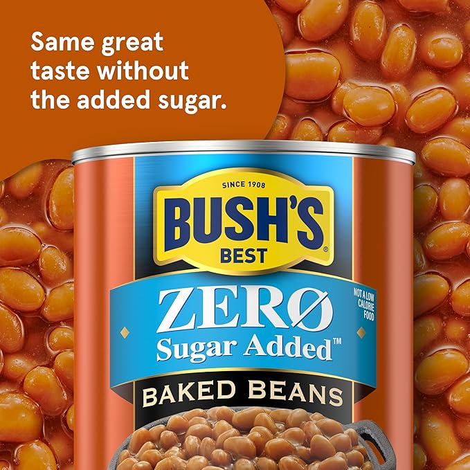 BUSH'S BEST 15.8 oz Canned Zero Sugar Baked Beans, Source Of Plant Based Protein and Fiber, Low Fat, Gluten Free, (Pack of 12)