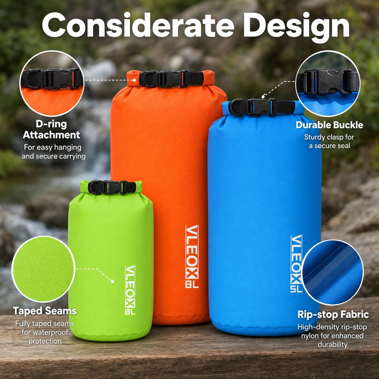 vleoX Dry Bag 3-Pack/5-Pack, Lightweight Dry Sack, Waterproof Bags