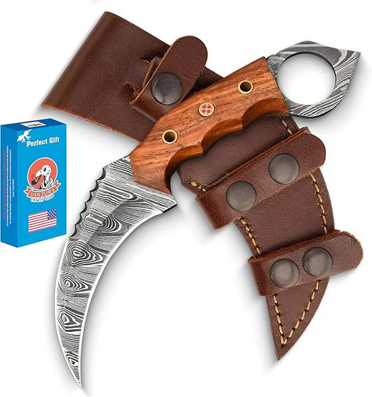 Damascus steel Handmade Knife, Survival claw Tactical teeth Knife Double edged sharp, Fixed Blade Knife With Sheath, Curved knife (Walnut Wood)