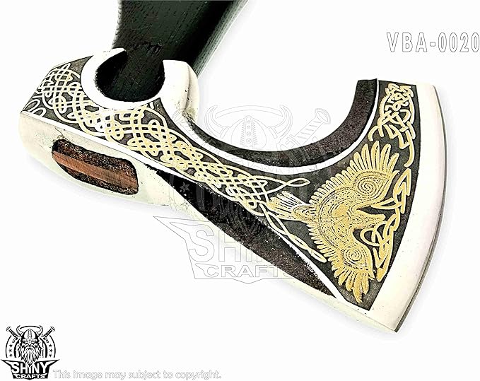 SHINY CRAFTS-Axes Handmade Viking Axe Hatchet Norse Axe-Carbon Steel Head and Golden Flying Eagle Design, Ash Wood Handle Viking Gifts for Men with Premium Quality Leather Sheath (SCA 20)