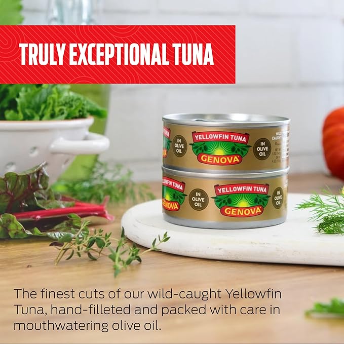 Genova Premium Yellowfin Tuna in Olive Oil, 3 Ounce Cans, 24-Pack ??Nutrient Rich, High Protein Canned Tuna Fish - Delicious, Easy, Nutritious Ready to Eat Meals
