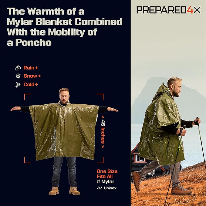 PREPARED4X Emergency Poncho and Mylar Blanket Liner - Waterproof, Wind-Resistant Outdoor Rain Poncho for Camping, Emergencies