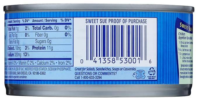 Sweet Sue Chunk White Chicken in Water, 10 oz Can - 11g Protein per Serving, 98% Fat Free - Gluten Free, Keto Friendly - Great for Snack, Lunch or Dinner Recipes