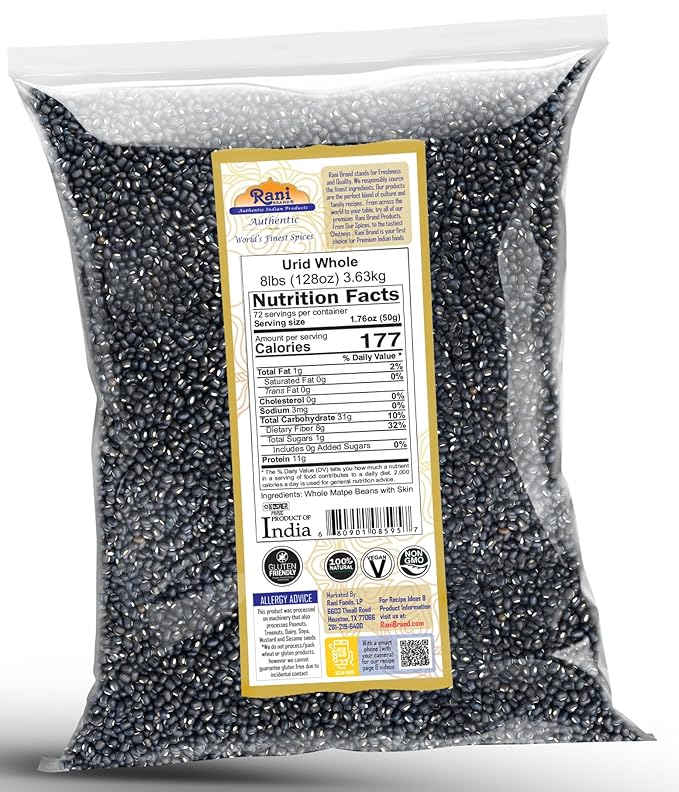 Rani Urid/Urad Whole Black (Matpe Beans with Skin) Indian Lentils 128oz (8lbs) 3.63kg Bulk ~ All Natural | Gluten Friendly | Non-GMO | Kosher | Vegan | Indian Origin