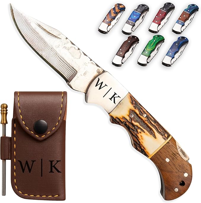 Personalized Folding Knife - Damascus Stag Bone Pocket Knife, Unique Gift for Brother, Uncle, Grandpa, Husband, Groomsmen, Camping, Personalized Folding Blade for Anniversary, Christmas Gift