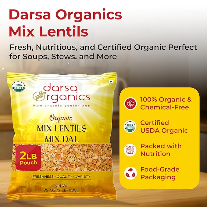 Darsa Organics Mixed Lentils (Panchratna Dal) 2lb | USDA Organic, Non-GMO, Kosher | Superfood Rich in Protein & Fiber | Great for Soup Mix, Stews, & Curries