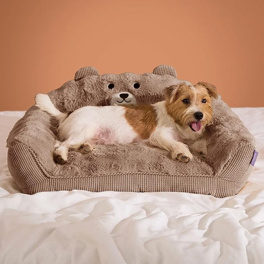 LE SURE Cute Cat Couch for Pets - Fluffy Original Bear Design for Small Dog Bed, Supportive Dog Couch with Removable Washable Cover, Puppy Bed for Small and Medium Dogs, 28inch, Brown