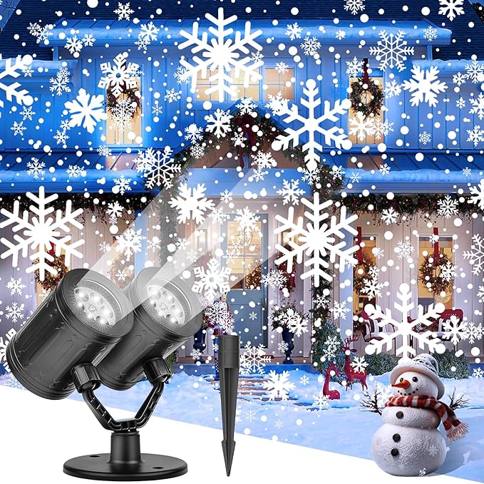 Christmas Snowflake Projector Lights Outdoor Waterproof 2025 Upgraded Double Head Dynamic Rotating Snowflake Projector for Halloween Xmas Holiday Party Gardens Wall Decoration