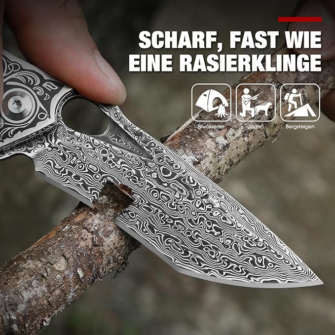 Damascus Steel Folding Pocket Knife with VG10 Core, Wooden Handle & Leather Sheath, Outdoor Knife and Gift for Collectors, Knife Lovers, and Enthusiasts