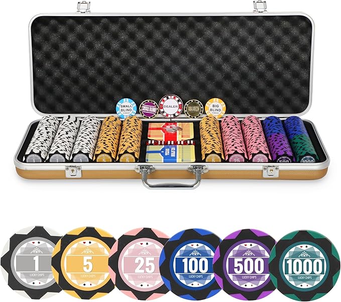ORIENGEAR Poker Chip Set with Denominations 500 PCS with 14 Gram Numbered Clay Chips, Texas Hold?™em Casino Chip Sets with 2 Decks of Plastic Playing Cards, for Blackjack Gambling Games, Golden Case