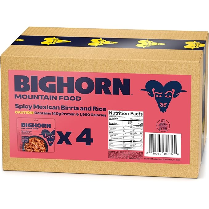 BIGHORN Mountain Food Spicy Mexican Birria and Rice - contains 4 packs | 8 servings | 140g Protein | 1,960 Calories - premium freeze dried meals for backpacking food - dehydrated camping food for backpacking meal - just add water - great taste
