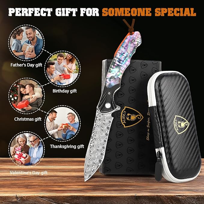 AUBEY Damascus Pocket Knife for Women Men, 3.43" VG10 Damascus Steel Blade Knife with Clip, EDC Folding Knives with Abalone Shell Handle, Gift for Camping Outdoor Hunting Hiking Collection