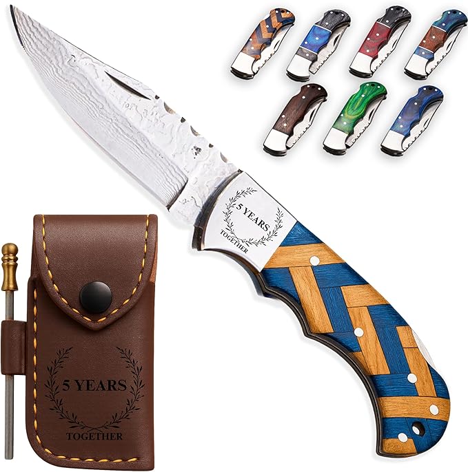 Personalized Folding Knife, Damascus Olive Blue Pocket Knife, Engraved Gift for Husband, Son, Brother, Dad, Groomsman, Folding Knife for Anniversary, Birthday, Father’s Day, Christmas Gift