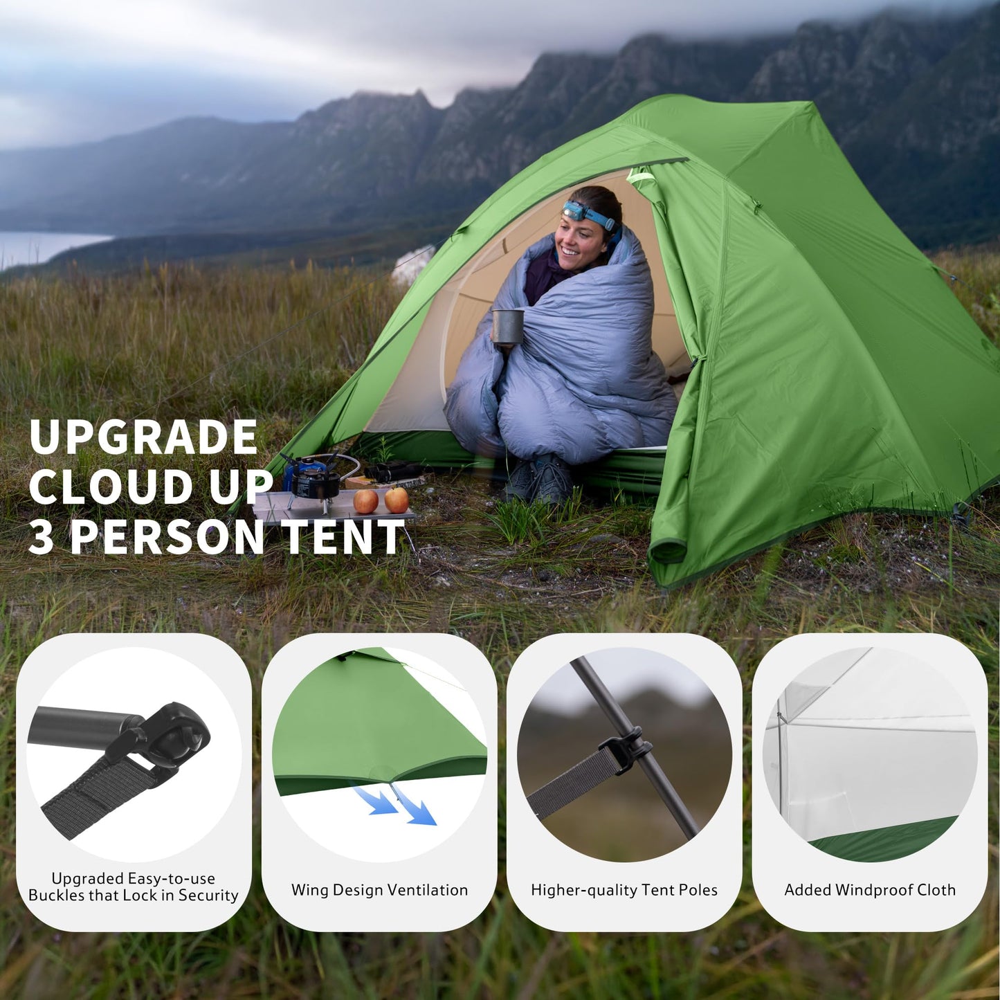 Naturehike Cloud Up 3 Person Backpacking Tent with Footprint - 3 Season Free Standing Lightweight 3