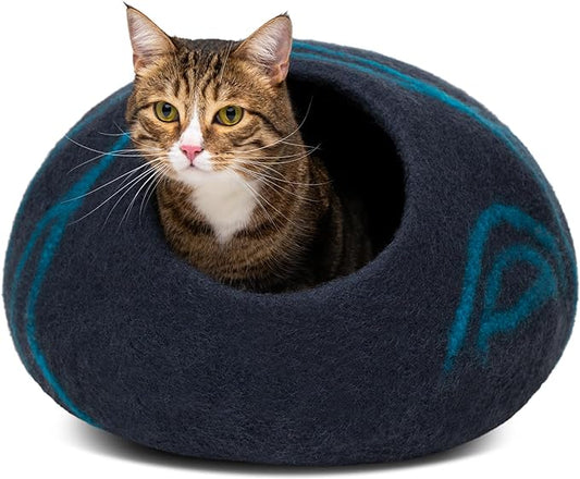 MEOWFIA Cat Cave ??Premium Felt Cat Bed for Indoor Cats, Handmade 100% Merino Wool (Large, Black Aqua)