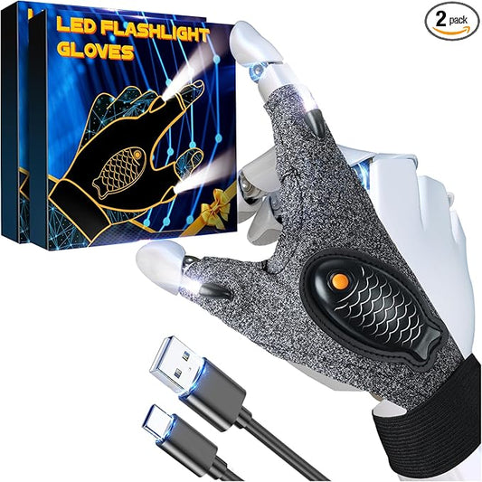 Rechargeable LED Flashlight Waterproof Gloves - 2 Pack Christmas Stocking Stuffer Gifts for Men, Cool Gadgets Hands Free Light Gloves Tool for Men Women Husband Boyfriend Mechanics Night Fishing