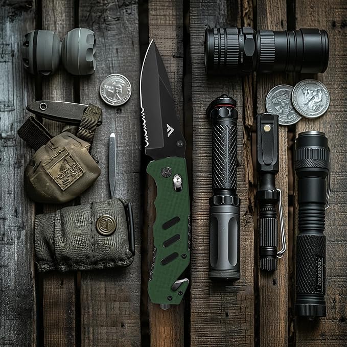 FLISSA Folding Pocket Knife with Clip, Glass Breaker and Seatbelt Cutter, Survival Knife for Emergency Rescue Situations, EDC Knife for Tactical, Hunting, Camping, Outdoor, Unique Gifts for Dad, Father-Green