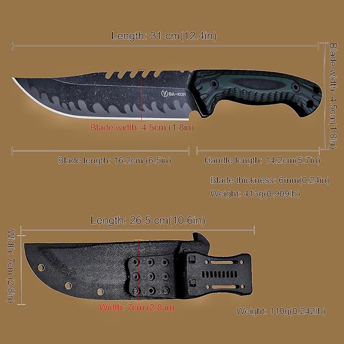 BA-KOR 12.4in Full Tang Fixed Blade Hunting Knife ??6mm 9CR18MoV Steel, G10 Handle, Stonewashed Sawback Blade with Kydex Sheath & Fire Starter for Outdoor, Camping, Survival (Green and black stripes)