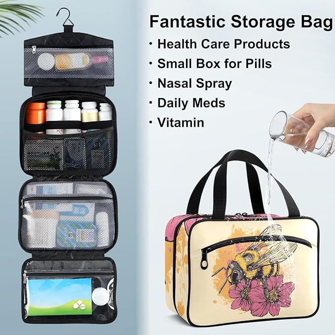 Fustylead Vintage Bee and Flowers Travel Medicine Storage Bag Large Household Pill Bottle Organizer with Zipper for First Aid, Pills, Vitamins, Medical Supplies