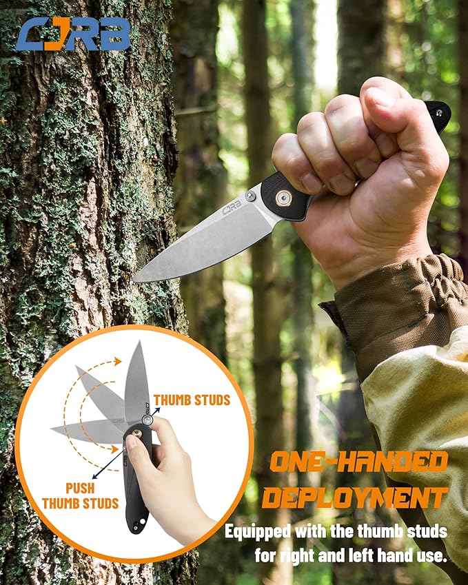 CJRB Feldspar Folding Knife - Stonewash D2 Steel Blade, G10 Tactical Handle, EDC Pocket Knife, Black Handle (J1912)