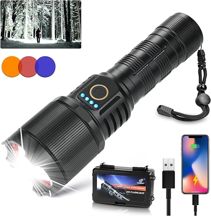 Flashlights High Lumens 990000 LED Rechargeable Tactical Flashlight Zoomable 3 Modes Fast Charging IPX6 Waterproof Super Bright Black Handheld Flashlights for Camping Hiking Outdoor and Gift