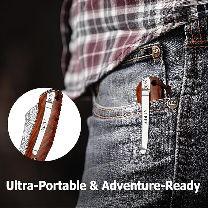 AUBEY Pocket Knife for EDC, 3.15" VG10 Core Damascus Steel Blade Folding Knife with Wood Handle, Liner Lock, Clip, Gift/Collection for Men Women