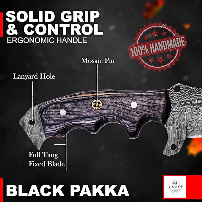 KIMPE 10.5?™â€?Damascus Hunting Knife with Leather Sheath-Fixed Blade EDC Knife-Bushcraft Knives-Wood Handle-Best Camping & Survival Knives-Knives for Men. (Pakka-Grey)