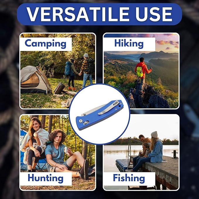 Rite Edge Premium Folding Pocket Knife 4.25" With Stainless Steel Blade, G10 Handle, Belt Clip - Camping Outdoor Utility Folder, Father's Day Gift - Blue