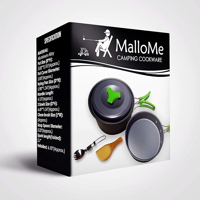 MalloMe Camping Cookware Mess Kit for Backpacking Gear ??Camping Cooking Set - Camping Pots and Pans Set - Backpacking Stove/Portable Stove Compatible - Camp Kitchen Equipment Accessories Pot