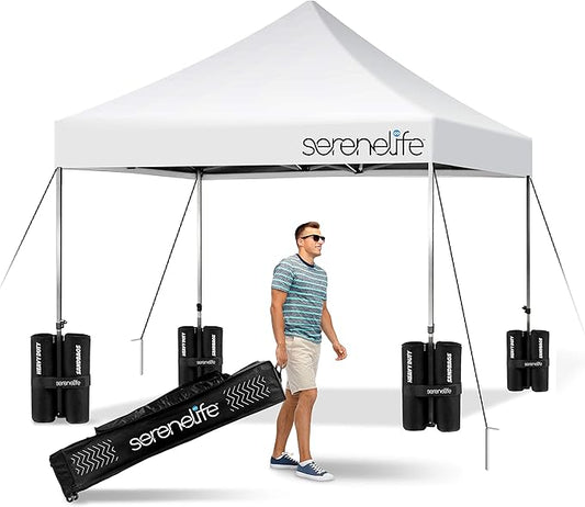 Pop Up Canopy Tent 10x10 - Commercial Instant Shelter Foldable/Collapsible Sun Shade Canopy Pop Up Tent w/Waterproof Tent Top, Portable Carry Bag & Sand Bag - SereneLife SLGZ10W (White)