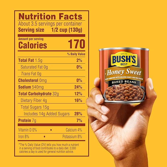 BUSH'S BEST 16 oz Canned Honey Sweet Baked Beans, Source of Plant Based Protein and Fiber, Low Fat, Gluten Free, (Pack of 12)
