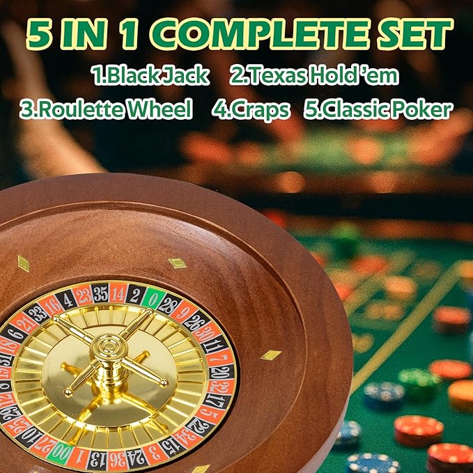 5 in 1 Super Pro Casino Game Set: Blackjack/Texas Hold'em/Roulette/Craps/Poker Kit, 10" Wooden Roulette Wheel, Carrying Case with 300 Clay Chips, 6 Deck Shuffler, 2 Double-Sided Rubber Mat And More
