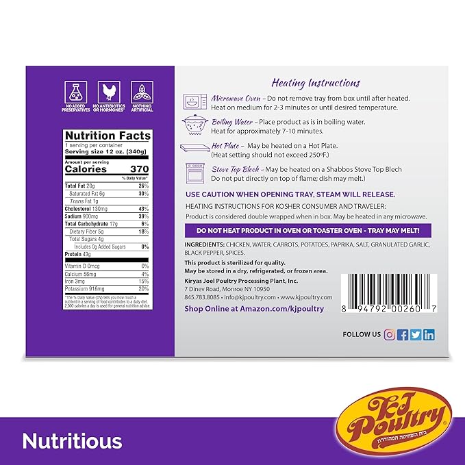 KJ Poultry Kosher for Passover Gluten Free Meals, Roast Chicken with Potato & Carrots, Halal, (3 Pack) Prepared Entree Fully Cooked, Shelf Stable Microwave Dinner, Travel Military Camping