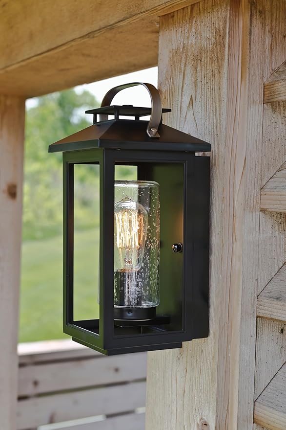 Hinkley Atwater Single Light Medium Wall Mount Outdoor Lantern - Composite Material, Clear Seedy Glass, Anti-Fading - Black Finish with Brass Accents