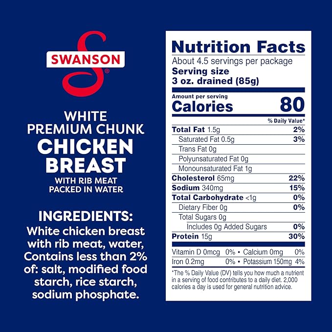 Swanson White Premium Chunk Chicken Breast with Rib Meat in Water, 12.5 oz. (Pack of 12)