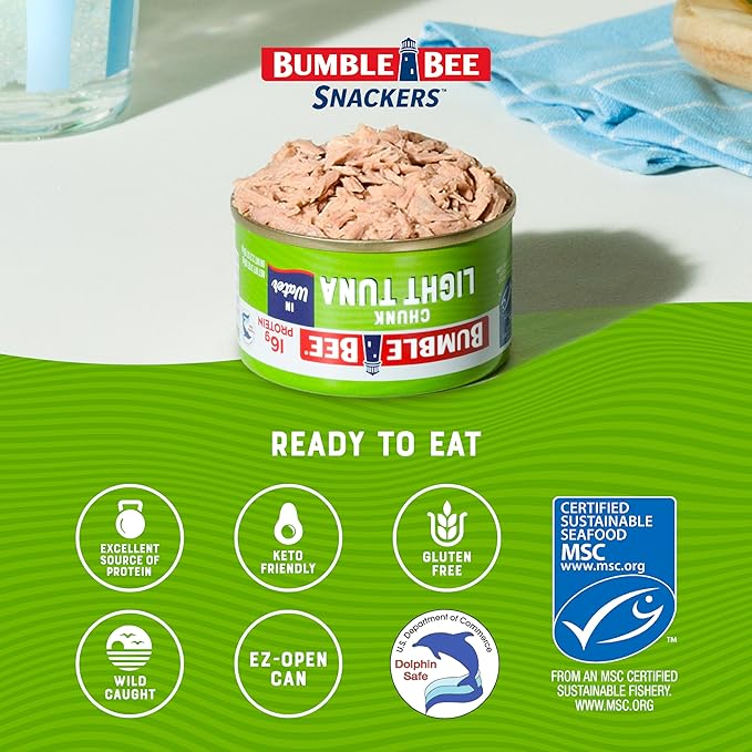 Bumble Bee Snackers - Chunk Light Tuna, 3 oz Easy Open Can - 16g Protein per Serving - Wild Caught Skipjack Chunk Light Tuna Pack - Ready to Eat